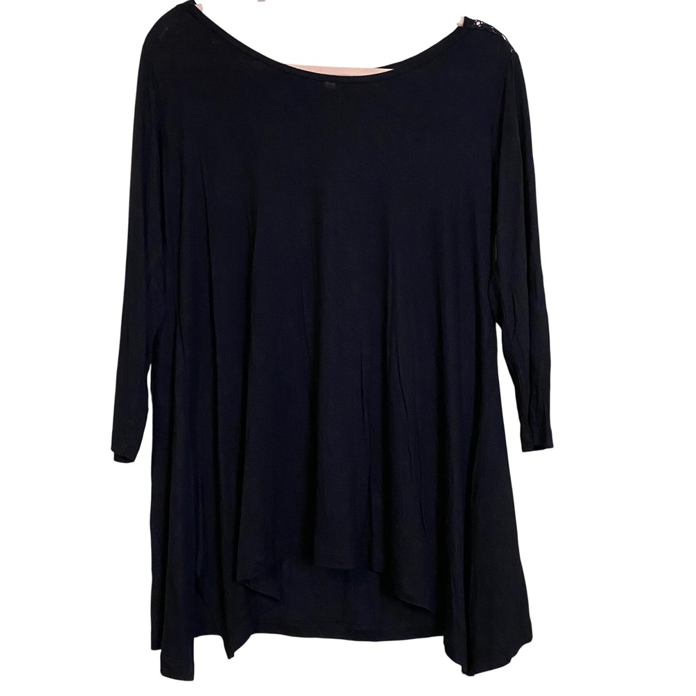 Larsen Gray Women Black Crochet Lace Back Tunic Top 3/4 Sleeve Swing Shirt M NEW
